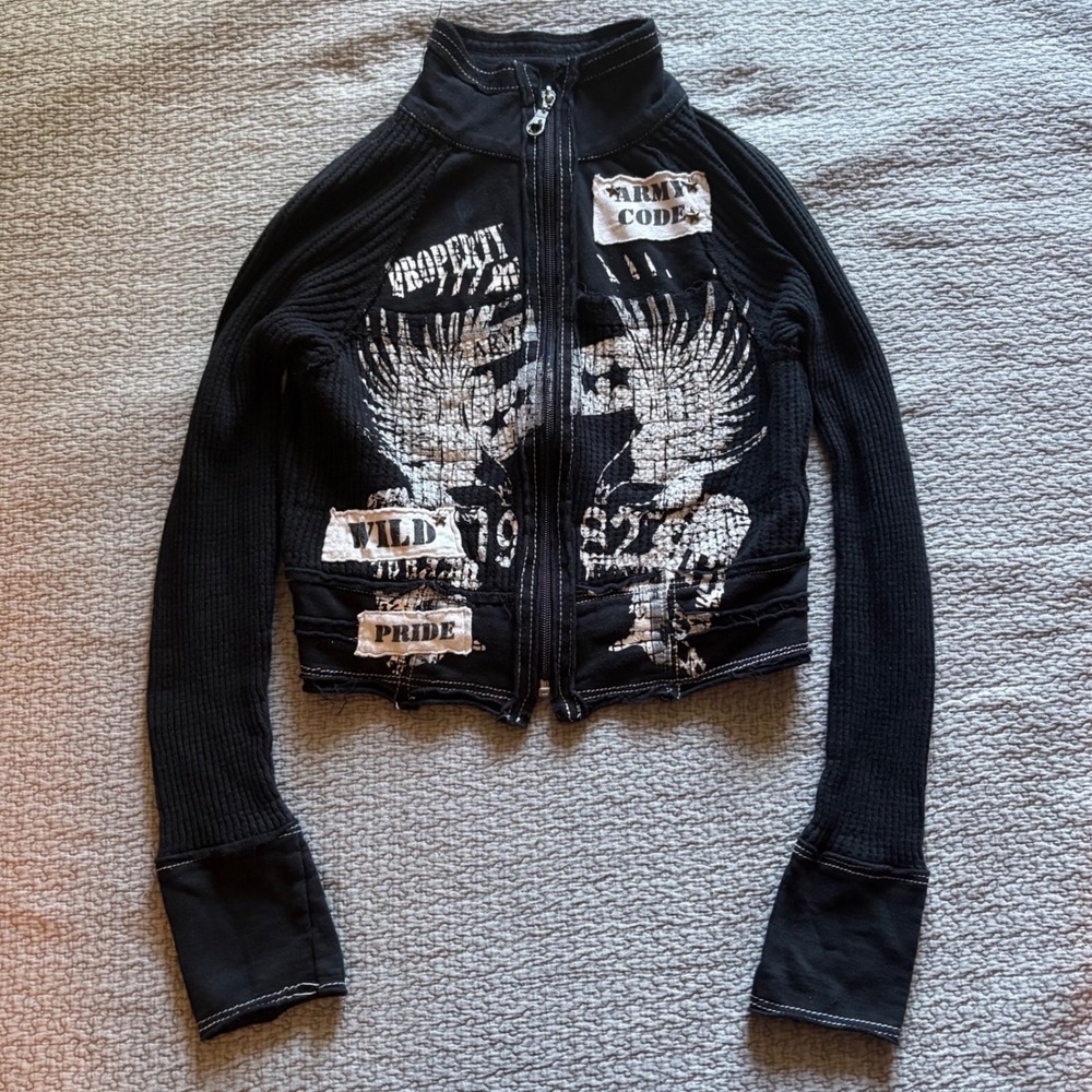 Feathers Womens Black Thermal Zip Up Jacket Y2K Military Graphic Cropped Medium